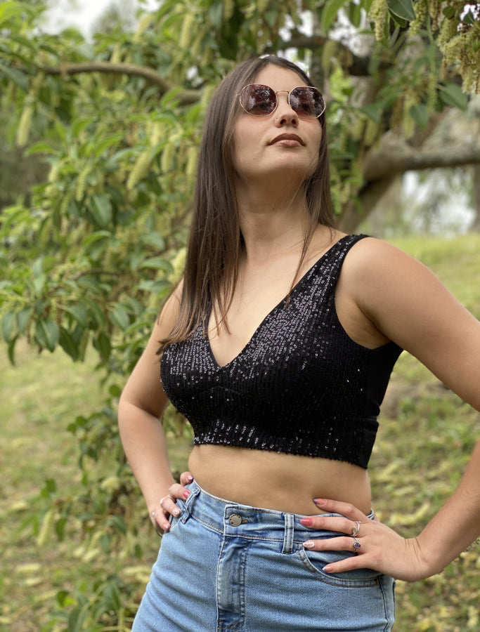 Top Cropped Electra con Lentejuelas y Escote en V