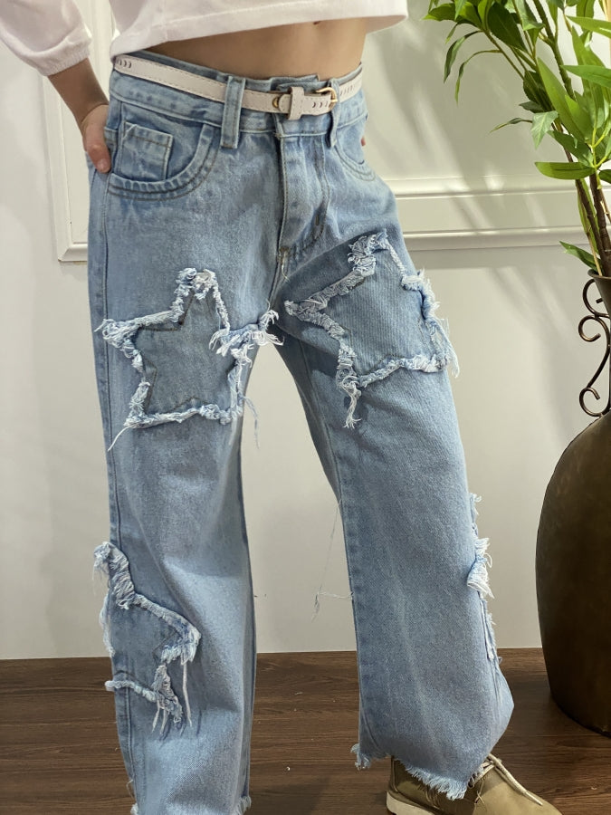 Pantalón Wide Leg Indira Denim con Estrellas para Niña