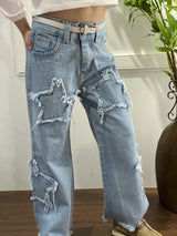 Pantalón Wide Leg Indira Denim con Estrellas para Niña