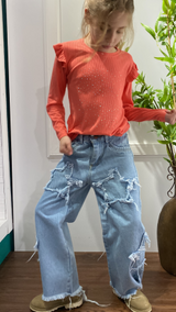 Pantalón Wide Leg Indira Denim con Estrellas para Niña